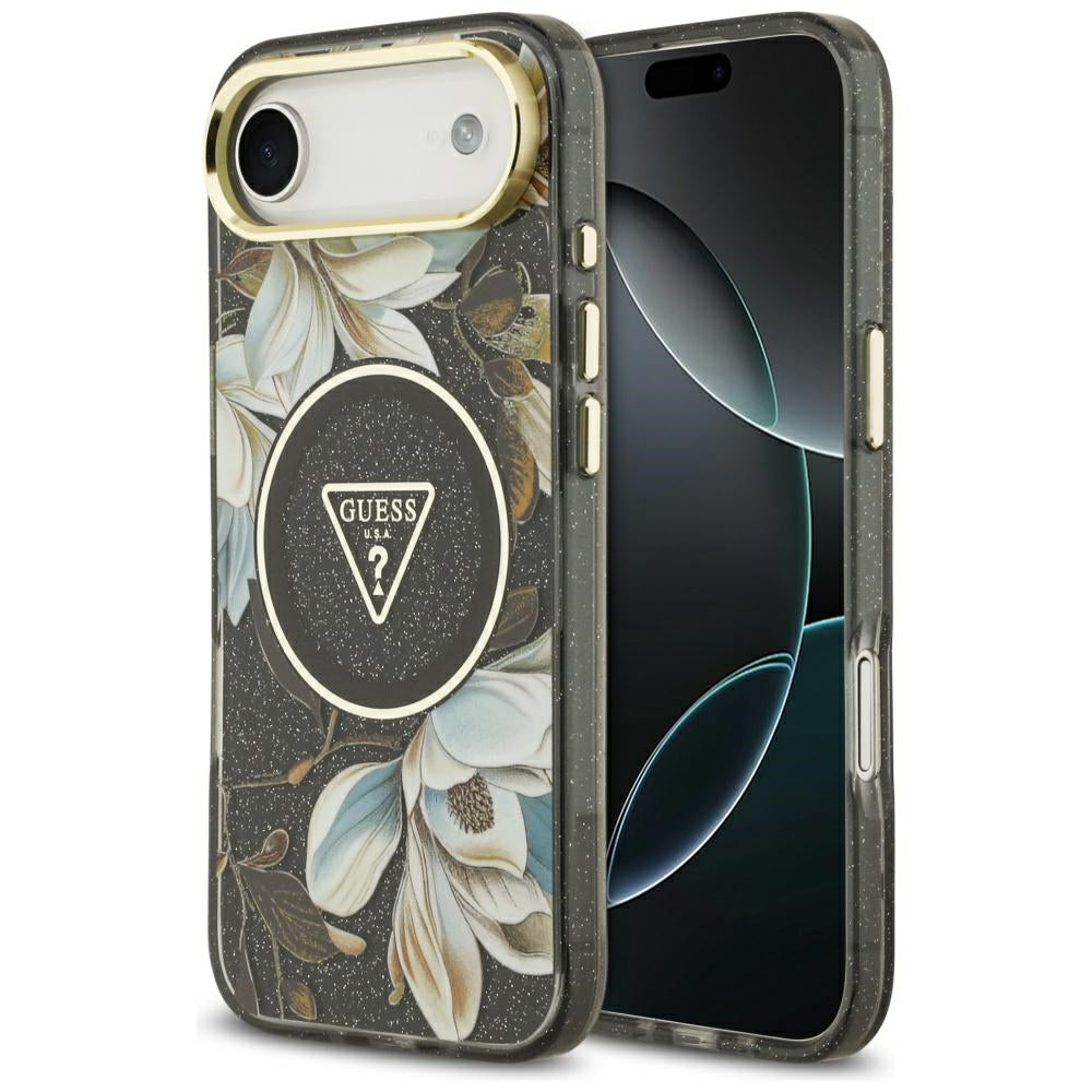 Guess IML Glitter Flowers Triangle MagSafe-kasse til iPhone Air - sort