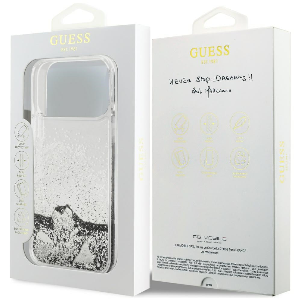 Guess Liq-foder. Glitter Charms til iPhone 17 Pro Max - sølv