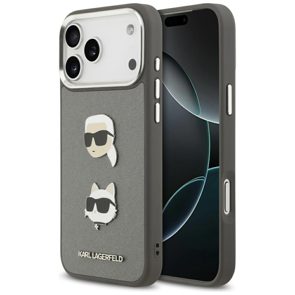 Karl Lagerfeld FW Grained Karl & Choupette Heads Pins & Logo iPhone 17 Pro Max Case - Grå