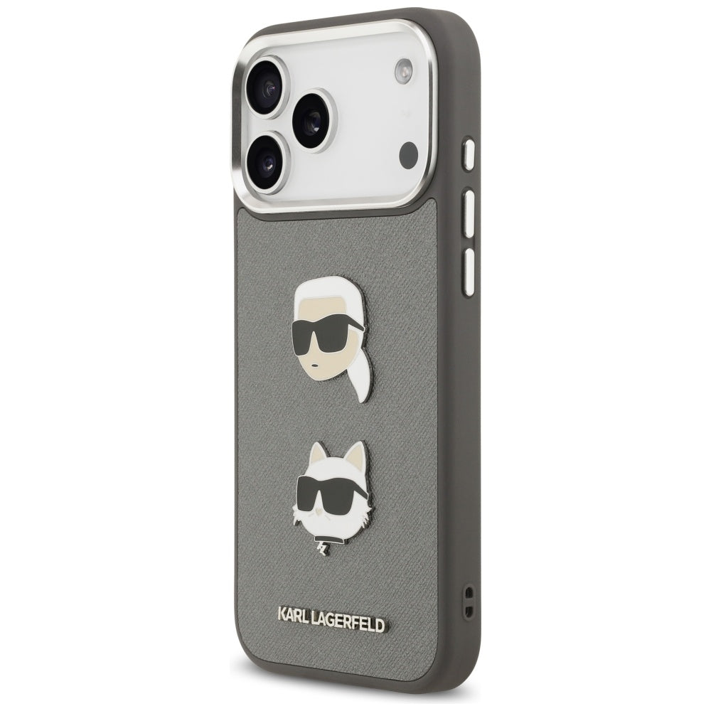 Karl Lagerfeld FW Grained Karl & Choupette Heads Pins & Logo iPhone 17 Pro Max Case - Grå