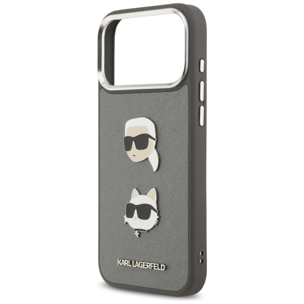 Karl Lagerfeld FW Grained Karl & Choupette Heads Pins & Logo iPhone 17 Pro Max Case - Grå
