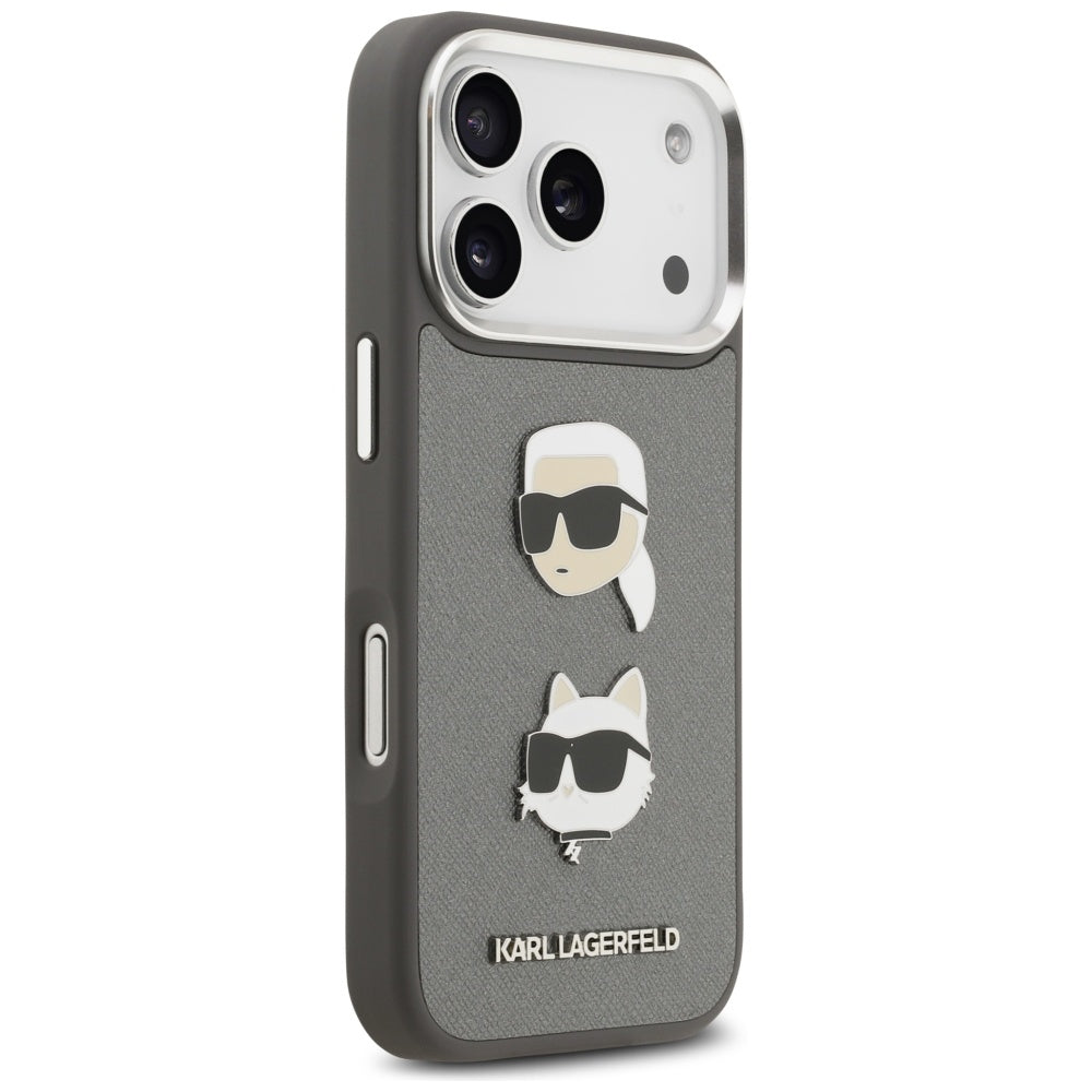 Karl Lagerfeld FW Grained Karl & Choupette Heads Pins & Logo iPhone 17 Pro Case - Grå