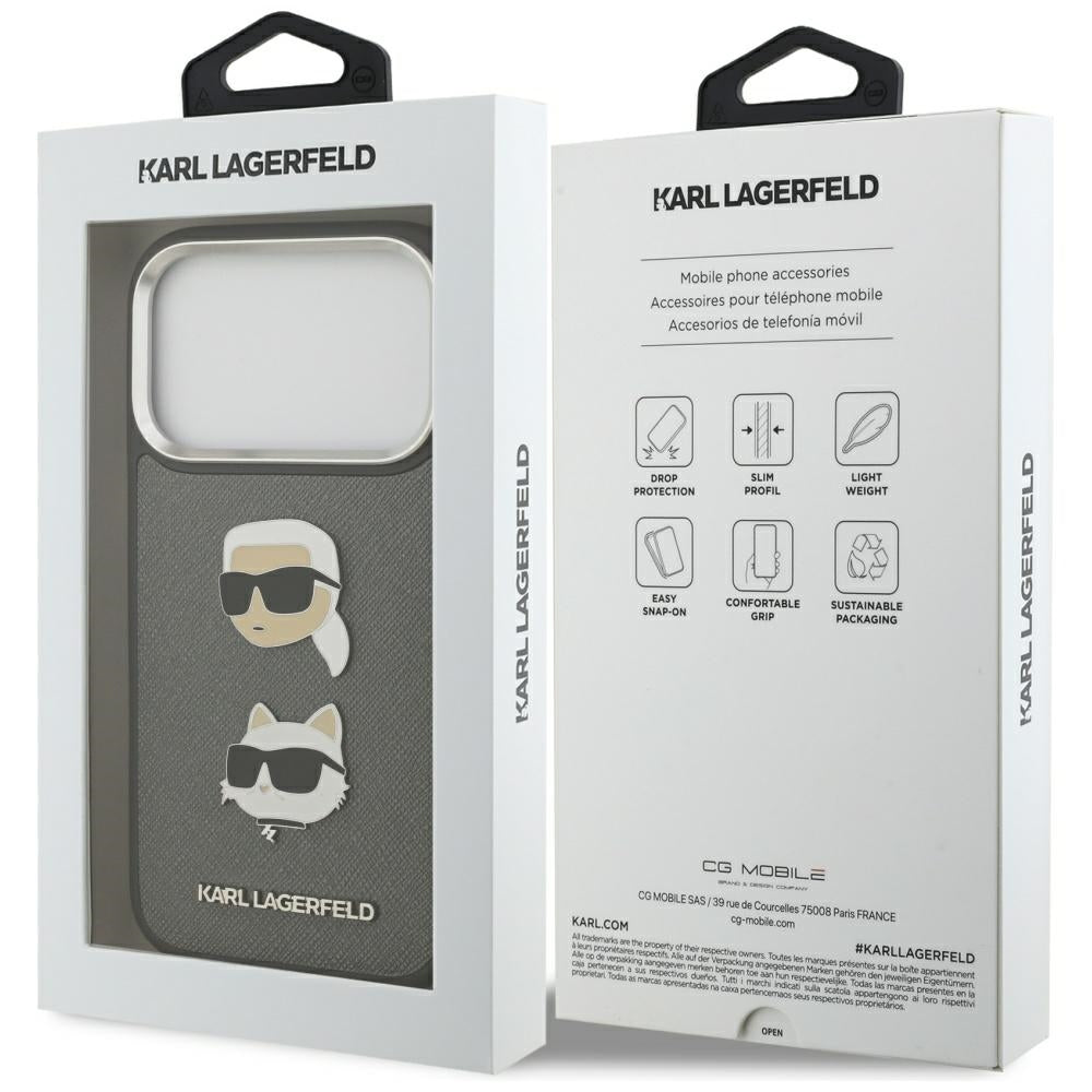 Karl Lagerfeld FW Grained Karl & Choupette Heads Pins & Logo iPhone 17 Pro Case - Grå