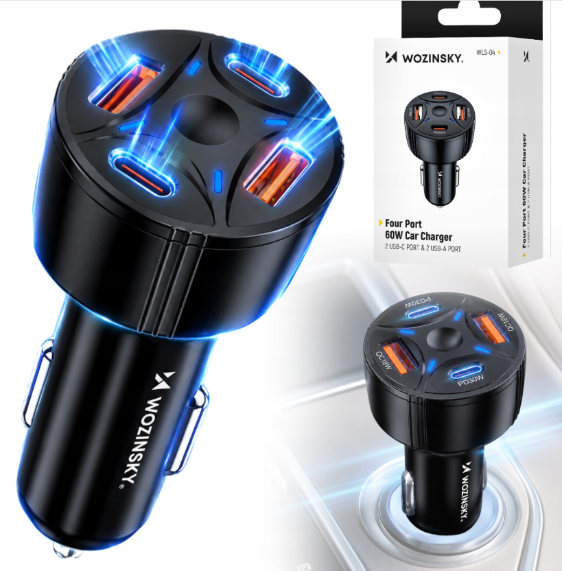 Wozinsky WLS-04 60W Biloplader 2xUSB-C 2xUSB-A - sort