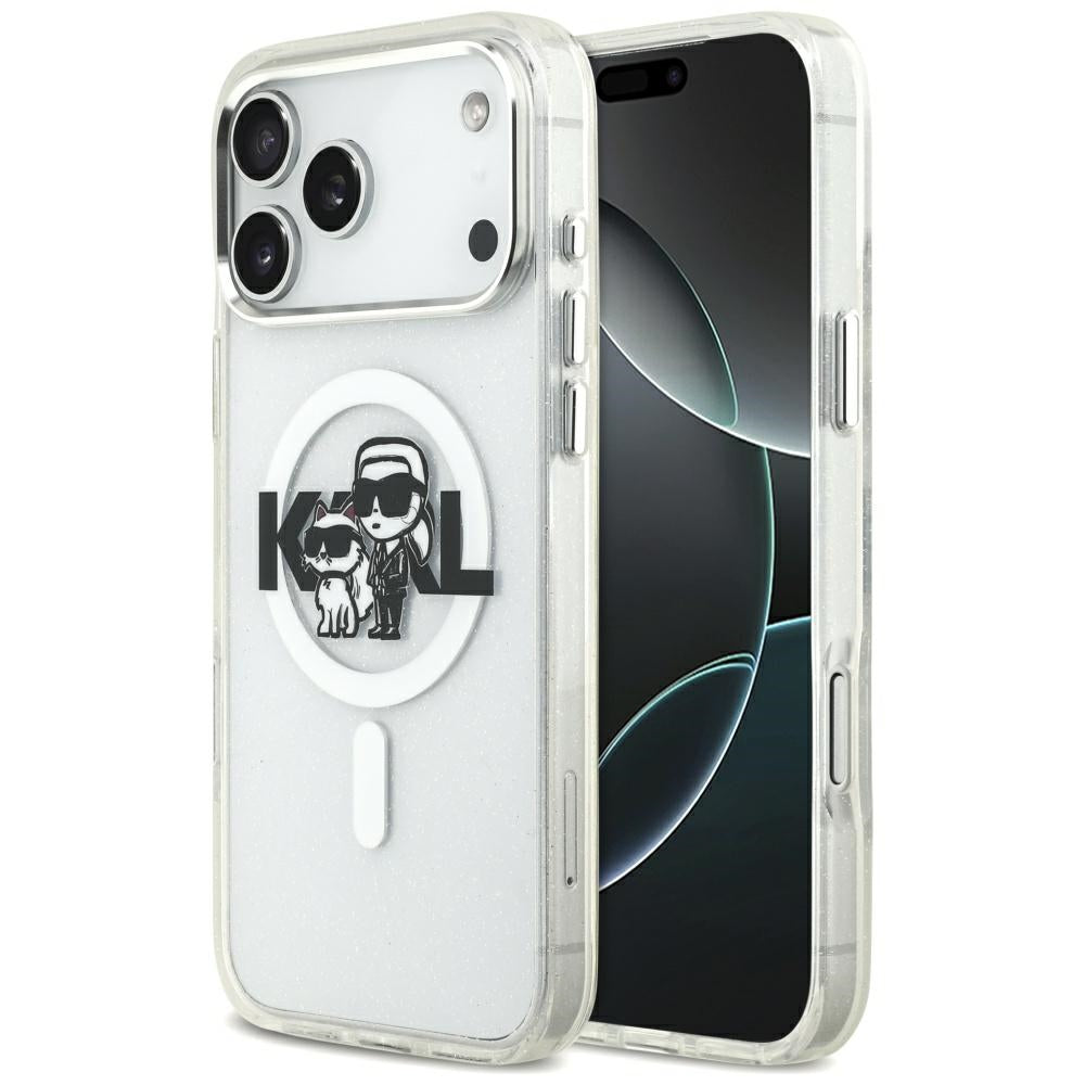 Karl Lagerfeld IML Glitter Karl & Choupette Sketch Logo MagSafe Case til iPhone 17 Pro Max - Clear