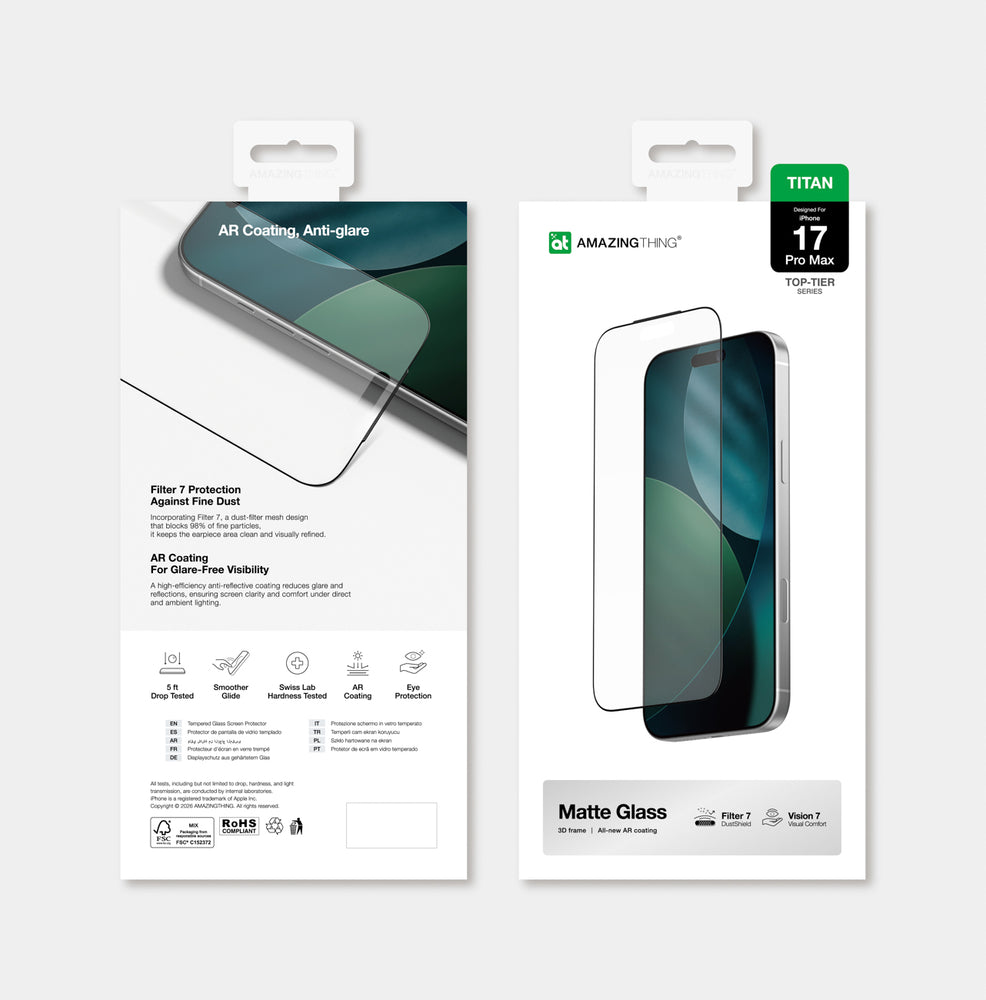 AmazingThing Titan Vision 7 hærdet glas til iPhone 17 Pro Max Matte