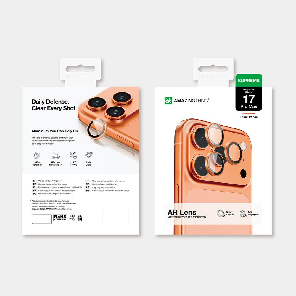 AmazingThing Camera Glass Protector til iPhone 17 Pro / Pro Max - med orange ramme