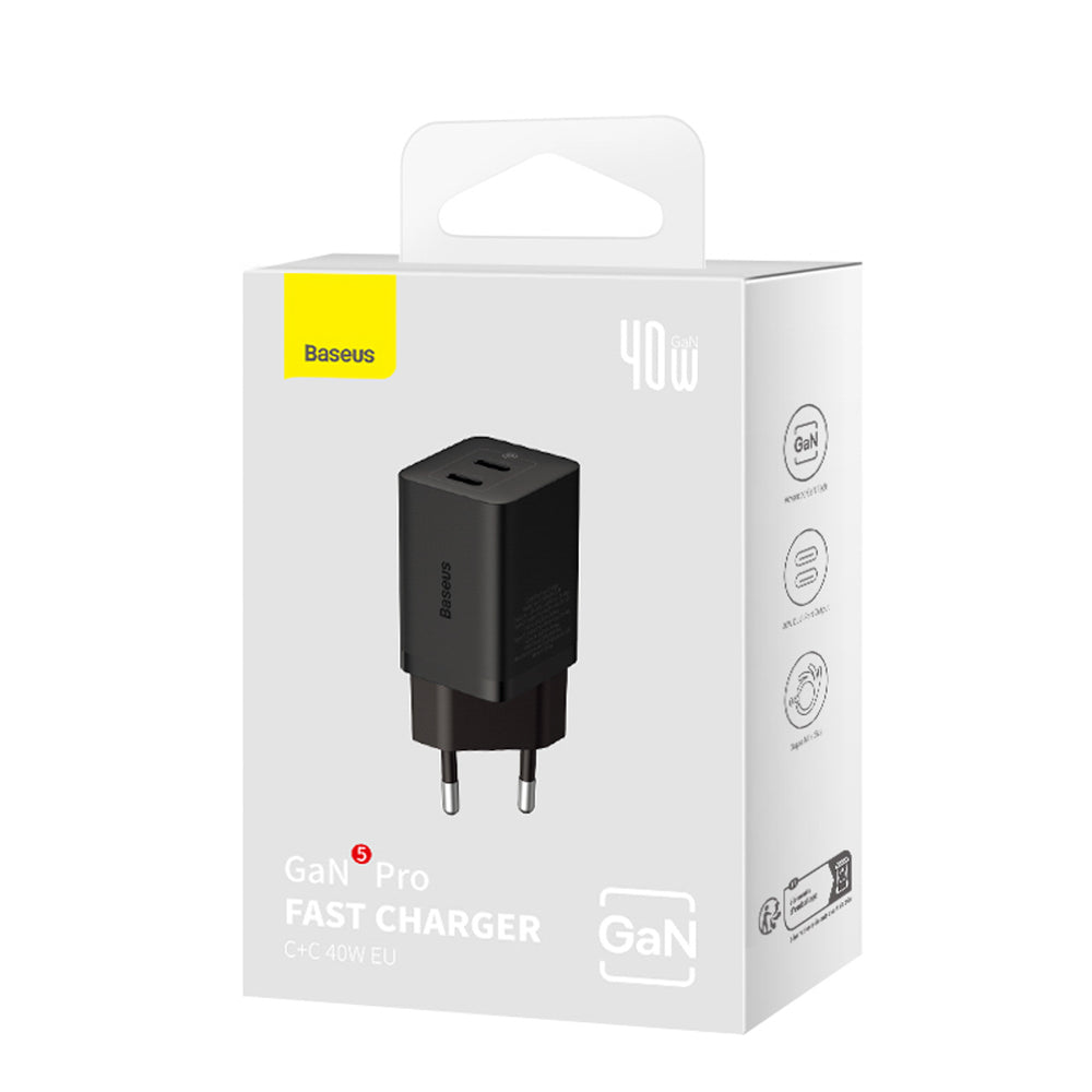 Baseus GaN5 Pro 40W 2xUSB-C Wall Charger - sort
