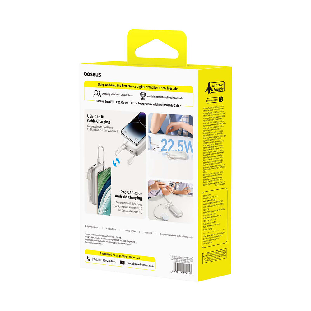 Baseus EnerFill FC21 Qpow 3 Ultra 20000mAh 22.5W Powerbank med display og kabel med - beige