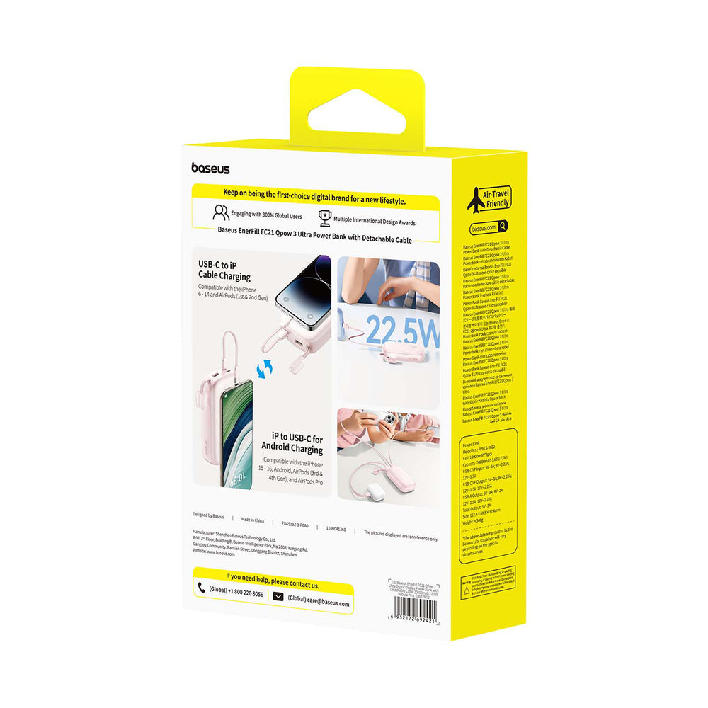 Baseus EnerFill FC21 Qpow 3 Ultra 20000mAh 22.5W Powerbank med display og kabel med - Pink