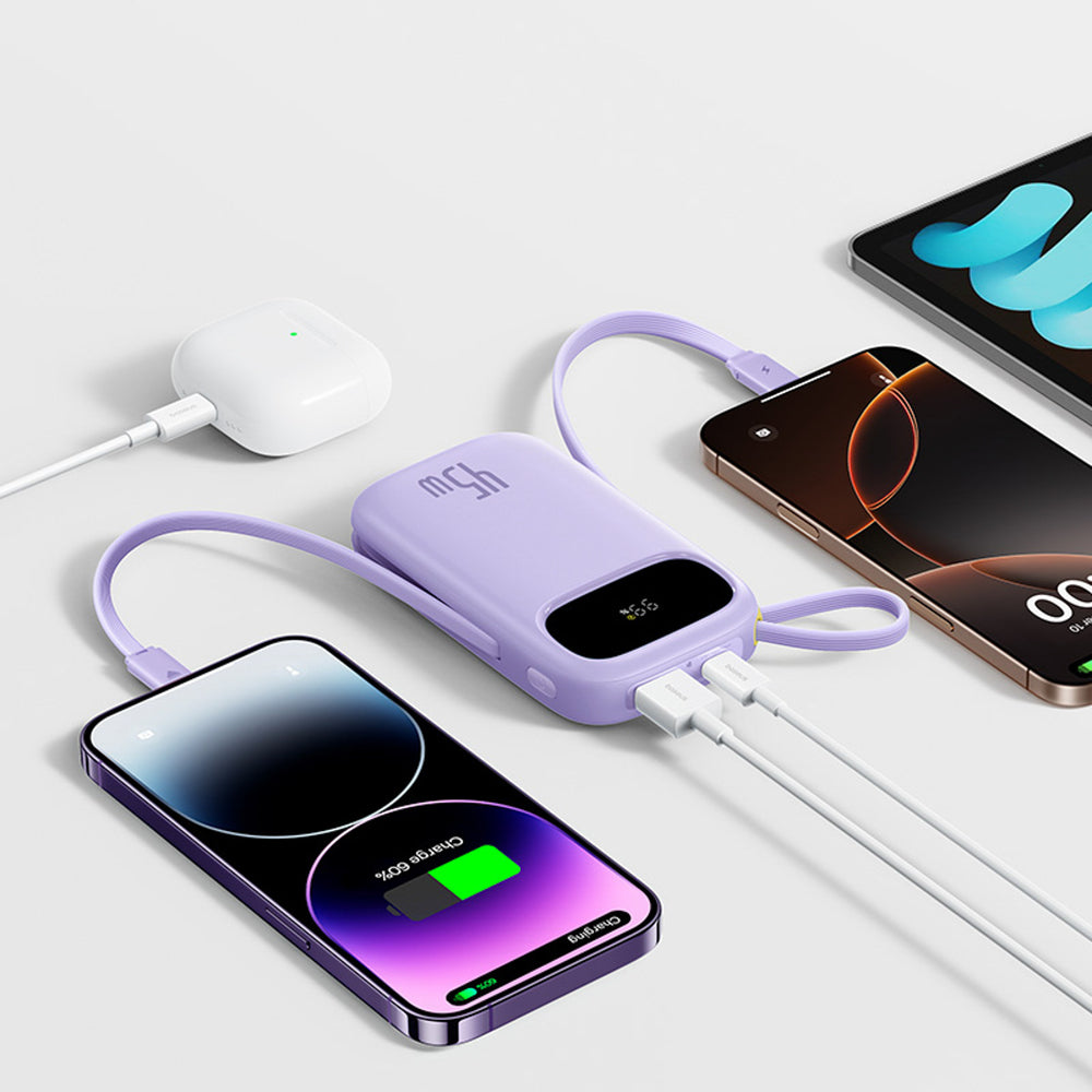 Baseus EnerFill FC31 20000mAh 45W Power Bank med display med USB-C og Lightning Kabler - Purple