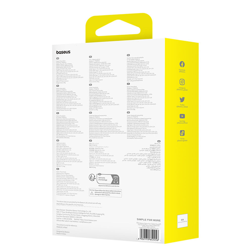 Baseus Qpow Pro+ 10000mAh 22.5W Power Bank med indbygget USB-C-kabel og display - Purple