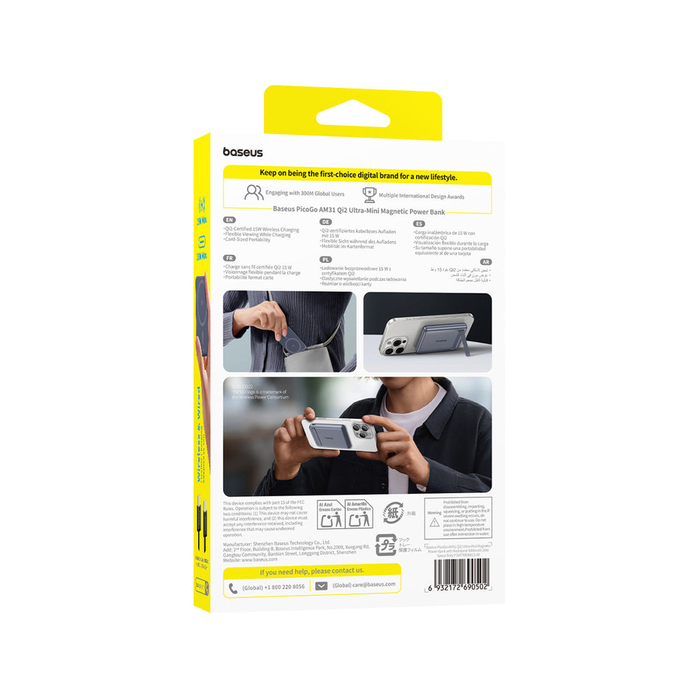 Baseus PicoGo AM31 Qi2 5000mAh 20W Ultra-Thin MagSafe Kompatibel Power Bank med Stativ og Baseus Simple USB-C 20cm Strikkede Kabel - Grå