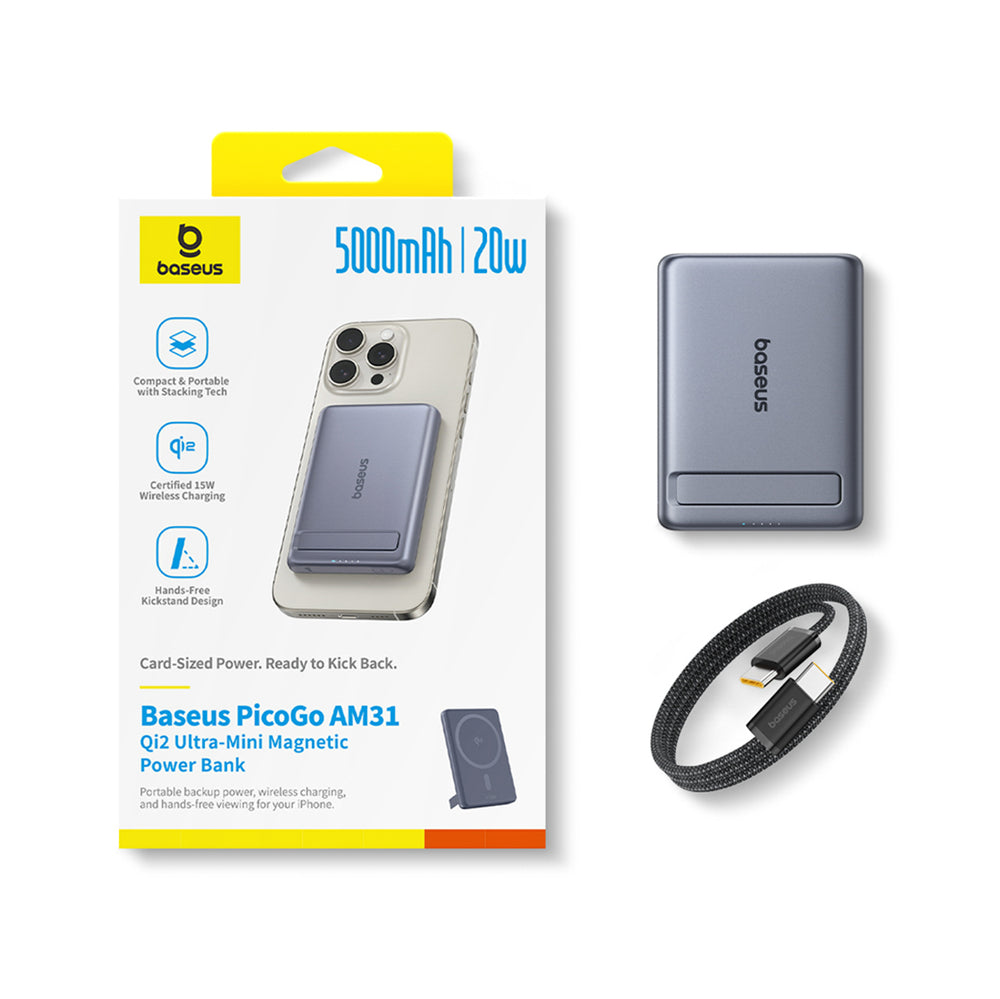 Baseus PicoGo AM31 Qi2 5000mAh 20W Ultra-Thin MagSafe Kompatibel Power Bank med Stativ og Baseus Simple USB-C 20cm Strikkede Kabel - Grå