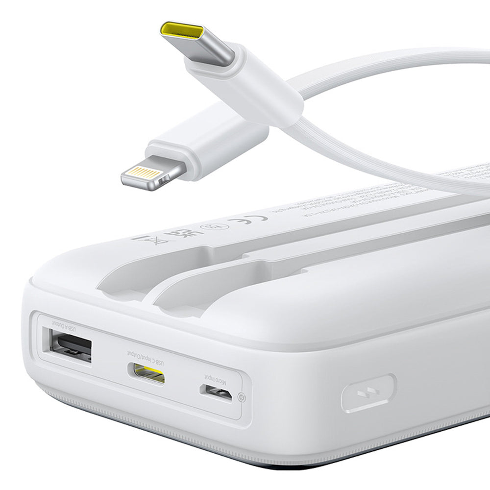Baseus Lipow 20000mAh 22.5W Powerbank med to indbyggede kabler med ekstra Baseus Simple USB-A - USB-C 3A 20cm kabel - hvid