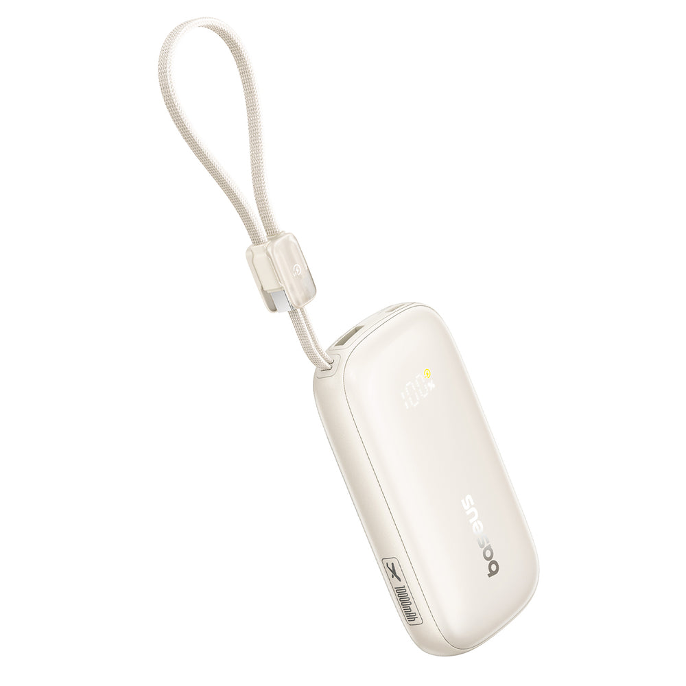 Baseus EnerFill FC21 Qpow 3 Ultra 10000mAh 22.5W Powerbank med tilkoblet kabel lanyard - beige