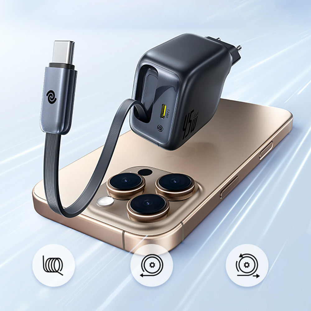 Baseus EnerCore CJ11 45W Wall Charger med USB-C-port og indtrækbart USB-C-kabel - sort