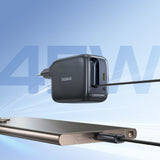 Baseus EnerCore CJ11 45W Wall Charger med USB-C-port og indtrækbart USB-C-kabel - sort