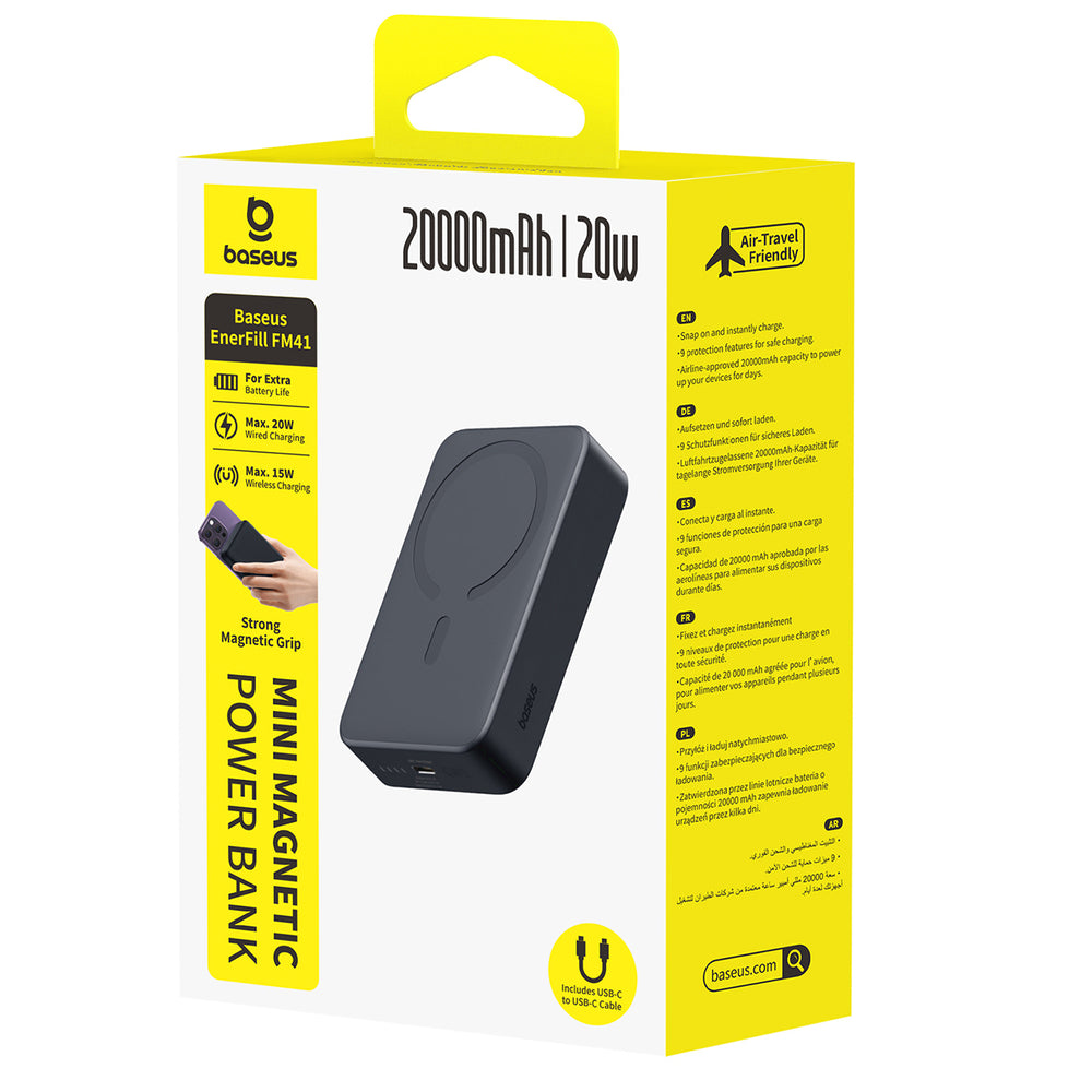 Baseus EnerFill FM41 20000mAh 20W Magnetic Power Bank with 30cm USB-C to USB-C Cable - Black