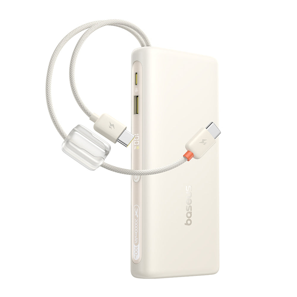 Baseus EnerFill FC41 20000mAh 100W Power Bank med digitalt display med to indbyggede USB-C-kabler - beige