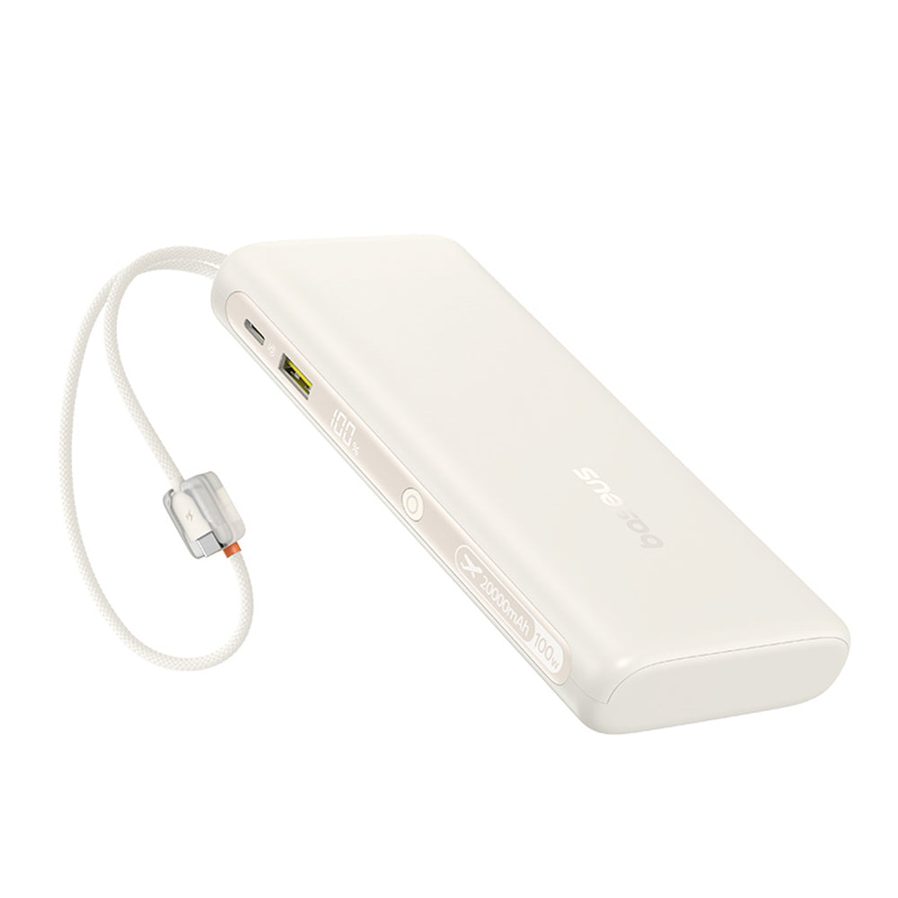 Baseus EnerFill FC41 20000mAh 100W Power Bank med digitalt display med to indbyggede USB-C-kabler - beige