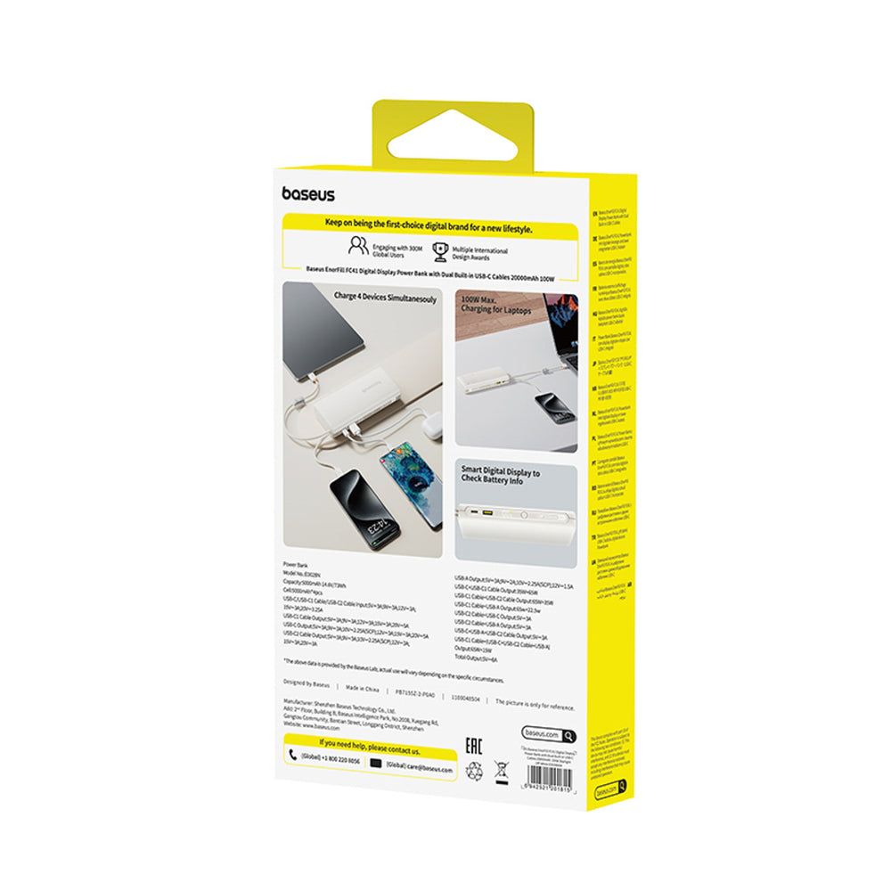 Baseus EnerFill FC41 20000mAh 100W Power Bank med digitalt display med to indbyggede USB-C-kabler - beige