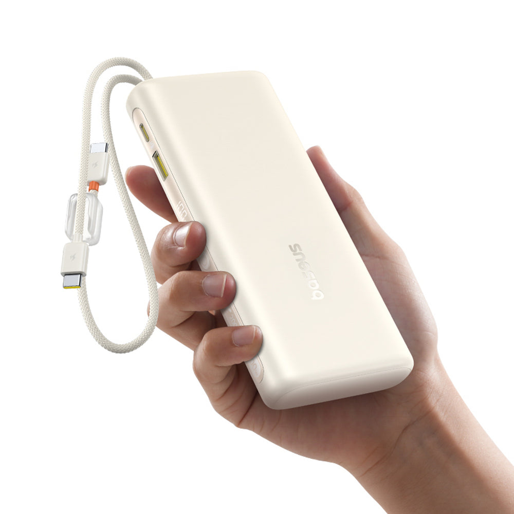Baseus EnerFill FC41 20000mAh 100W Power Bank med digitalt display med to indbyggede USB-C-kabler - beige