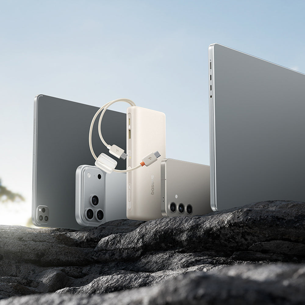 Baseus EnerFill FC41 20000mAh 100W Power Bank med digitalt display med to indbyggede USB-C-kabler - beige
