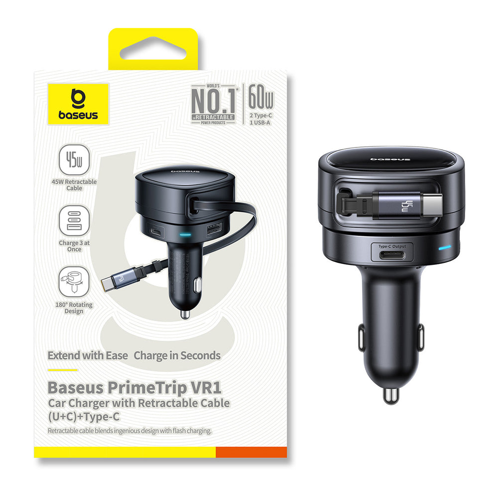 Baseus PrimeTrip VR1 60W USB-A USB-C Car Charger with Retractable USB-C Cable - Black
