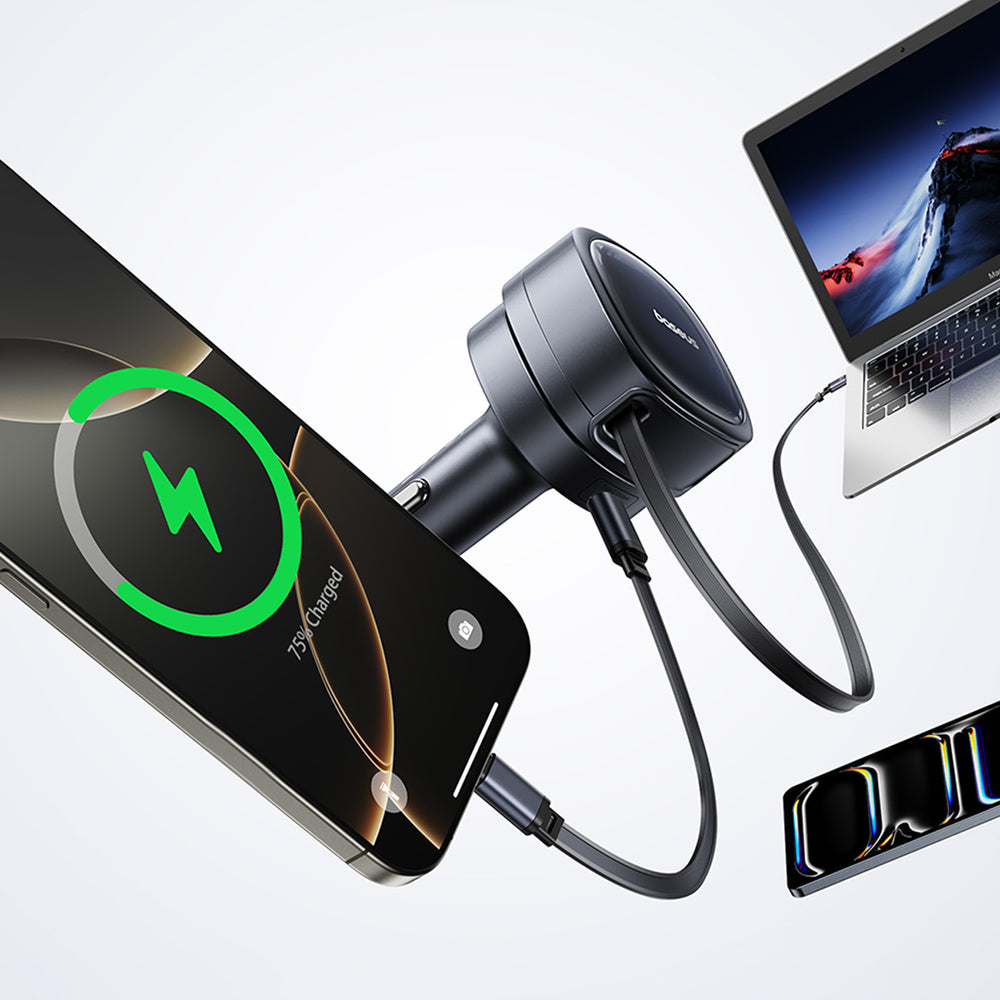 Baseus PrimeTrip VR1 60W USB-A USB-C Car Charger with Retractable USB-C Cable - Black