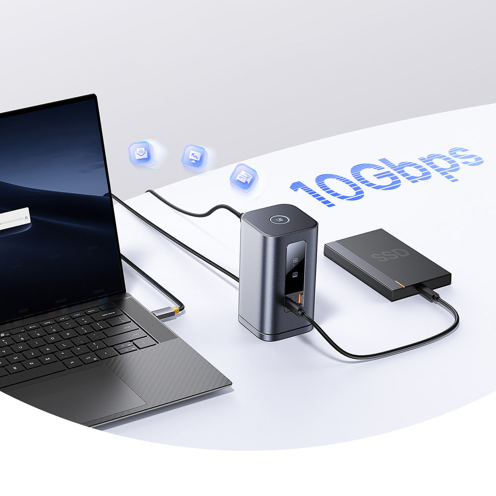 Baseus Spacemate RD1 hub 11in1 USB-C docking station - 2xHDMI 4K@60Hz 2xDP 4K@60Hz 2xUSB-A 10Gb/s USB-C 10Gb/s RJ45 USB-A 480Mb/s USB-C PD mini jack 3.5mm EU oplader - grå