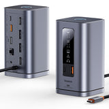 Baseus Spacemate RD1 hub 11in1 USB-C docking station - 2xHDMI 4K@60Hz 2xDP 4K@60Hz 2xUSB-A 10Gb/s USB-C 10Gb/s RJ45 USB-A 480Mb/s USB-C PD mini jack 3.5mm EU oplader - grå