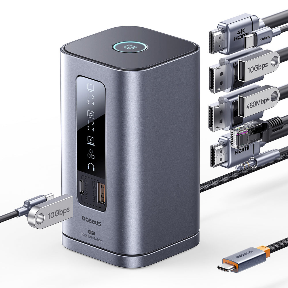 Baseus Spacemate RD1 hub 11in1 USB-C docking station - 2xHDMI 4K@60Hz 2xDP 4K@60Hz 2xUSB-A 10Gb/s USB-C 10Gb/s RJ45 USB-A 480Mb/s USB-C PD mini jack 3.5mm EU oplader - grå