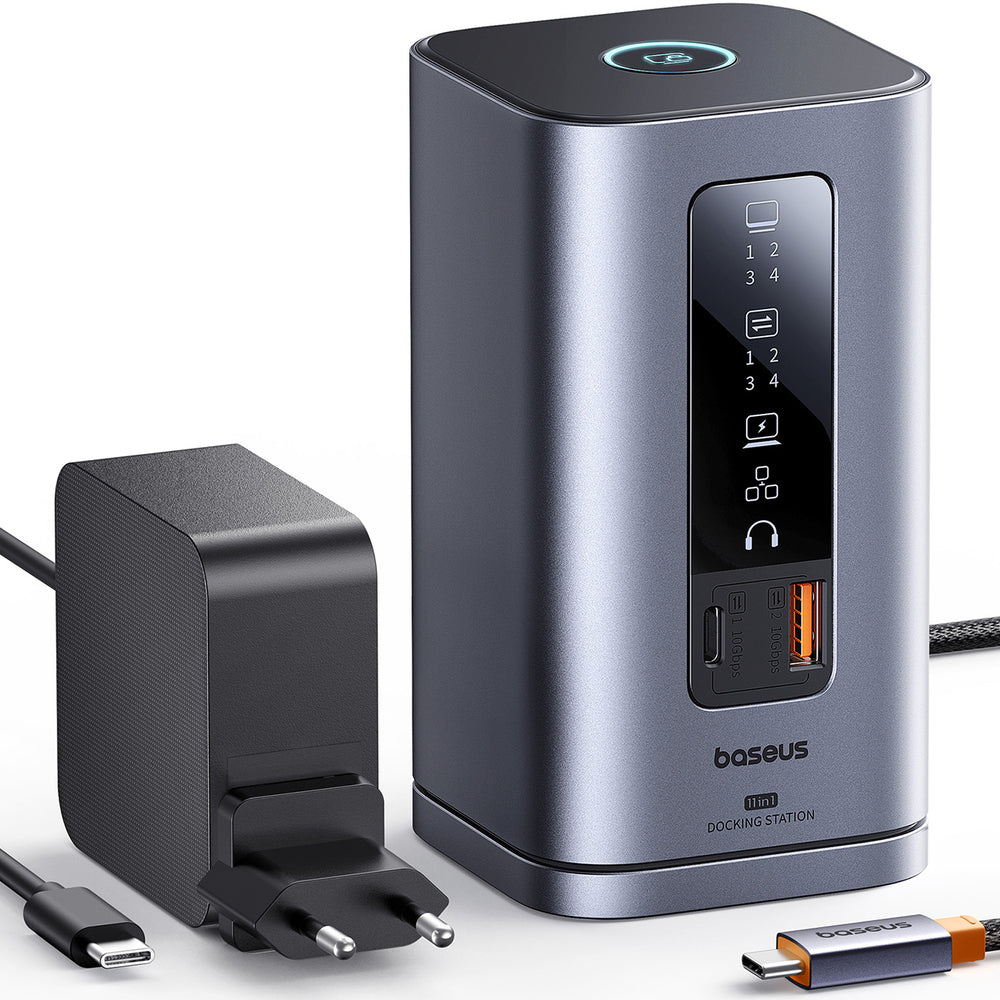 Baseus Spacemate RD1 hub 11in1 USB-C docking station - 2xHDMI 4K@60Hz 2xDP 4K@60Hz 2xUSB-A 10Gb/s USB-C 10Gb/s RJ45 USB-A 480Mb/s USB-C PD mini jack 3.5mm EU oplader - grå