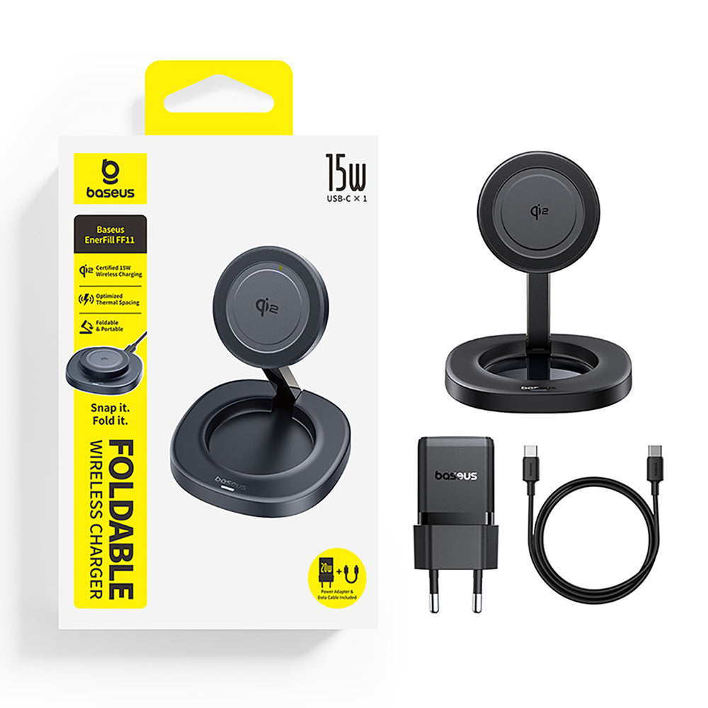Baseus EnerFill FF11 15W Foldable Inductive Charger with 20W Wall Charger and 1m USB-C Cable - Black