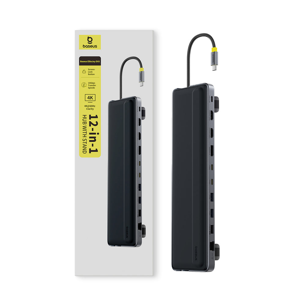 Baseus EliteJoy EH3 hub 12in1 USB-C docking station - 2xHDMI 4K@60Hz DisplayPort 4K@60Hz 2xUSB-C 10Gb/s 2xUSB-A 5Gb/s USB-A 480Mb/s SD/microSD 3.0 RJ45 1Gigabit USB-C PowerDelivery - gray
