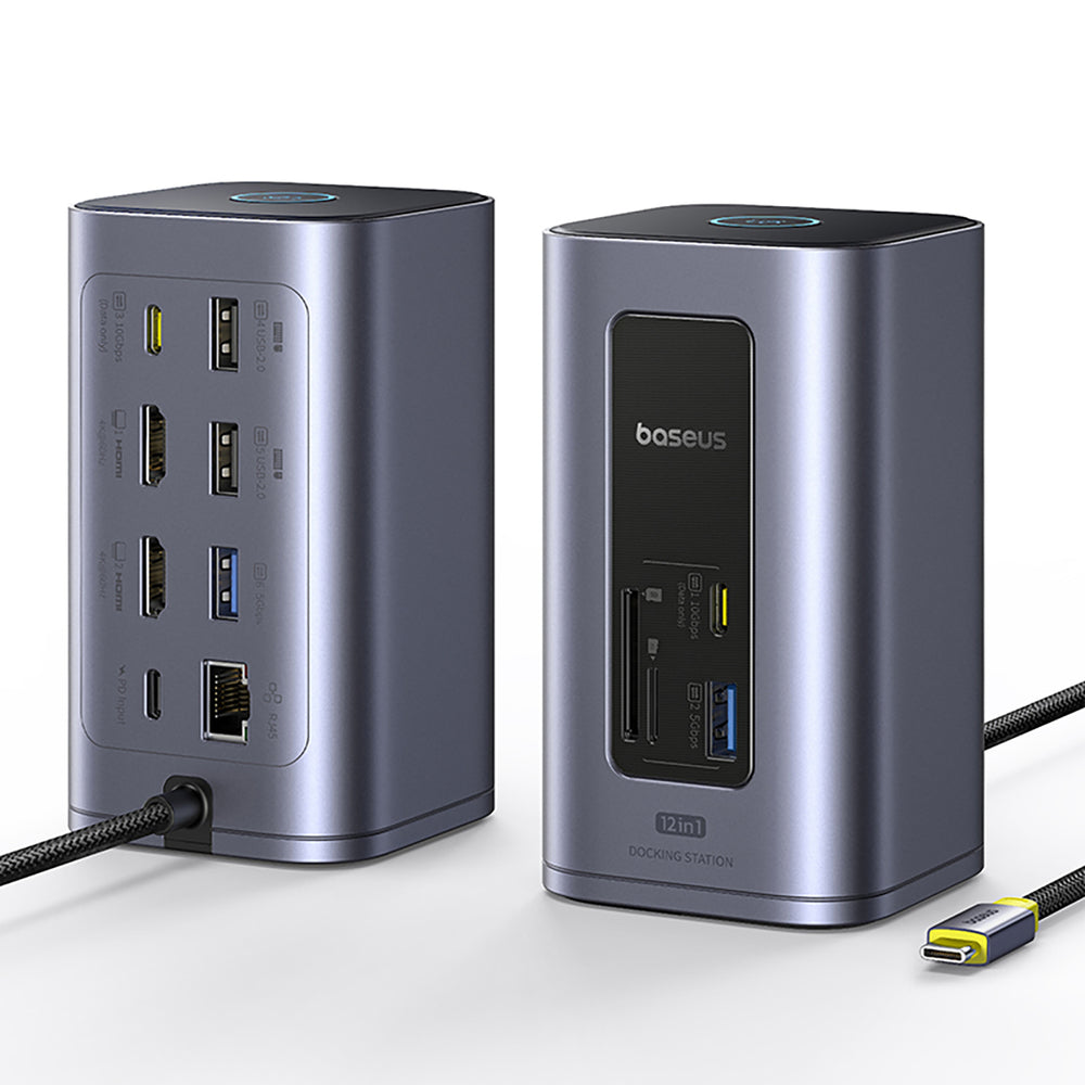 Baseus NU1 Air Spacemate hub 12in1 USB-C docking station - 2xHDMI 4K@60Hz 2xUSB-C 10Gb/s 2xUSB-A 5Gb/s 2xUSB-A (480Mb/s) RJ45 SD/microSD 3.0 USB-C (PD) - gray