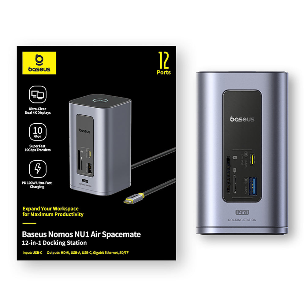 Baseus NU1 Air Spacemate hub 12in1 USB-C docking station - 2xHDMI 4K@60Hz 2xUSB-C 10Gb/s 2xUSB-A 5Gb/s 2xUSB-A (480Mb/s) RJ45 SD/microSD 3.0 USB-C (PD) - gray