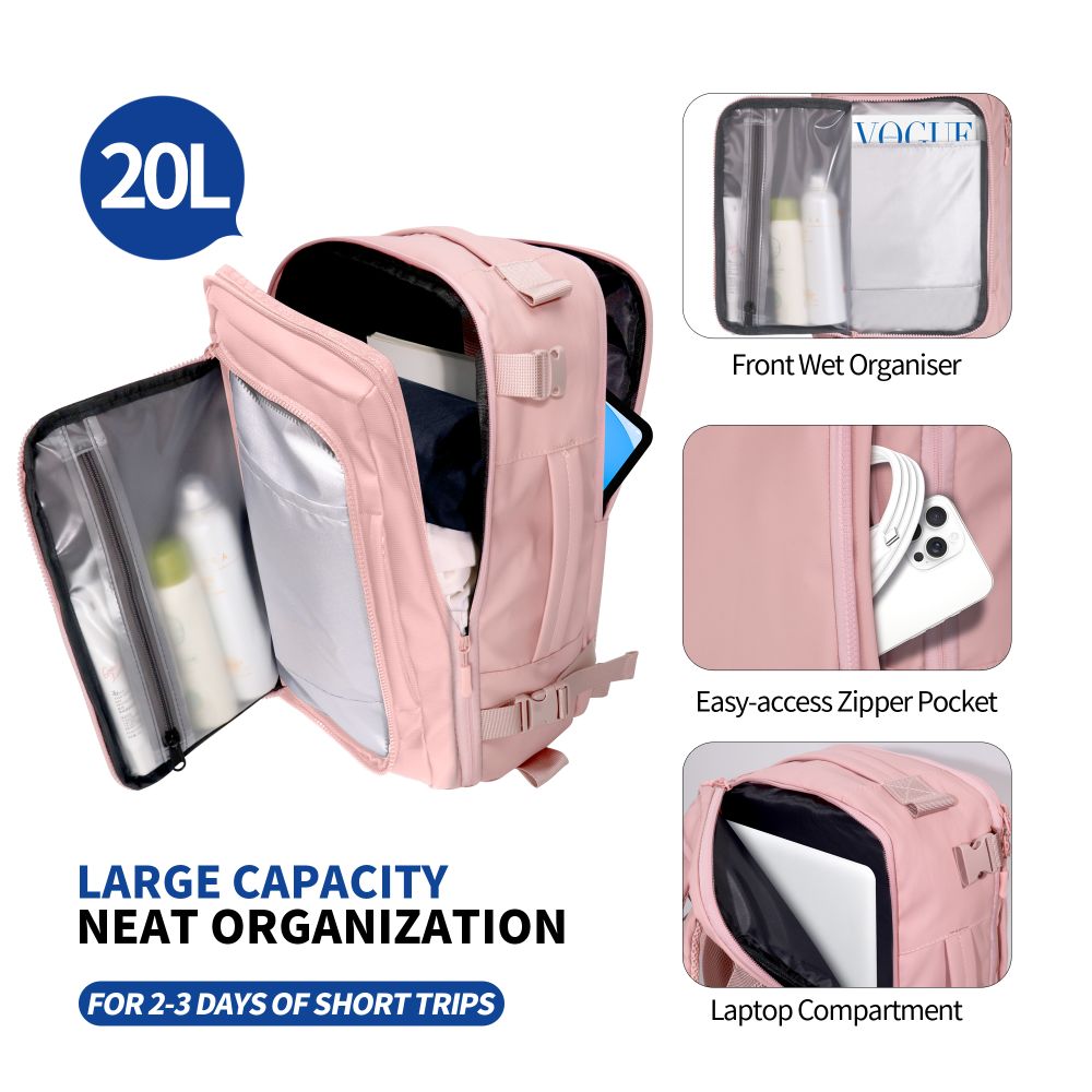 Tech-Protect Defender S50 rygsæk til Ryanair & Wizzar, 20L Laptop - Pink