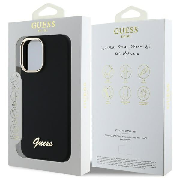 Guess Silicone Script Metal Logo & Frame Case til iPhone 16 Plus - sort