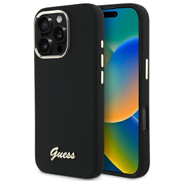 Guess Silicone Script Metal Logo & Frame Case til iPhone 16 Pro Max - sort