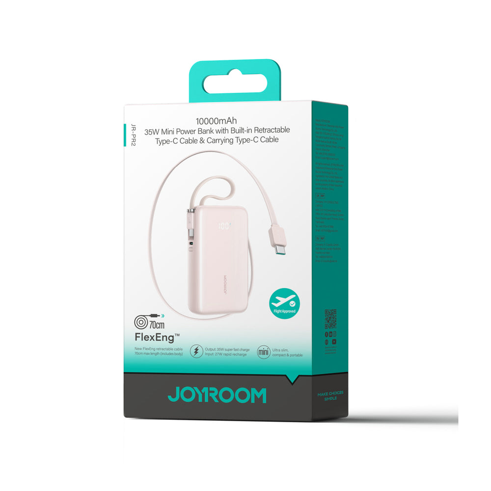Joyroom JR-PR2L 10000mAh 35W Power Bank med indbygget inddrageligt USB-C-kabel og USB-C Lanyard-kabel - Pink