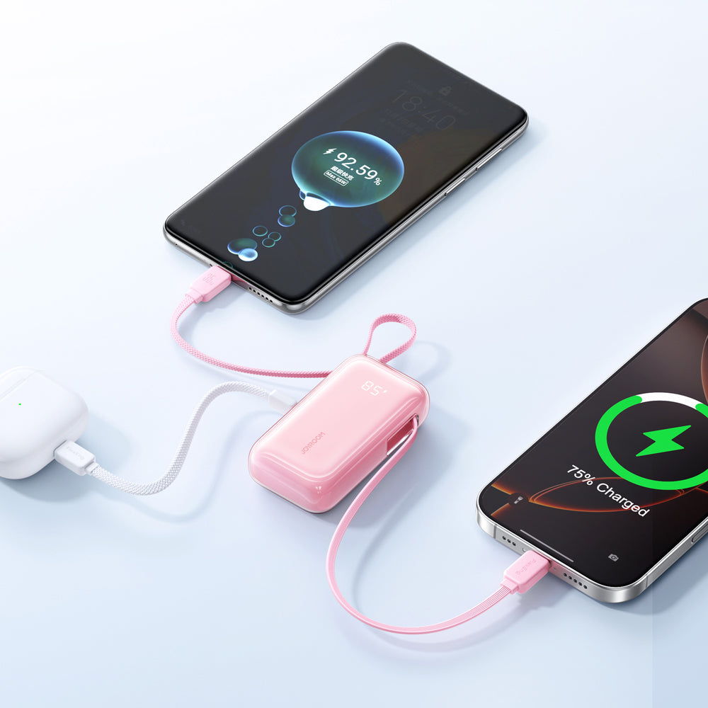 Joyroom JR-PR2L 10000mAh 35W Power Bank med indbygget inddrageligt USB-C-kabel og USB-C Lanyard-kabel - Pink