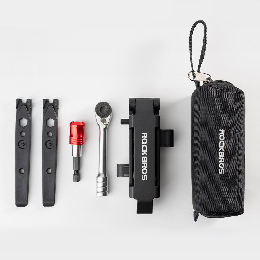 Rockbros Multitool Cykelværktøjssæt med ratchetnøgle og dækhefter - sort