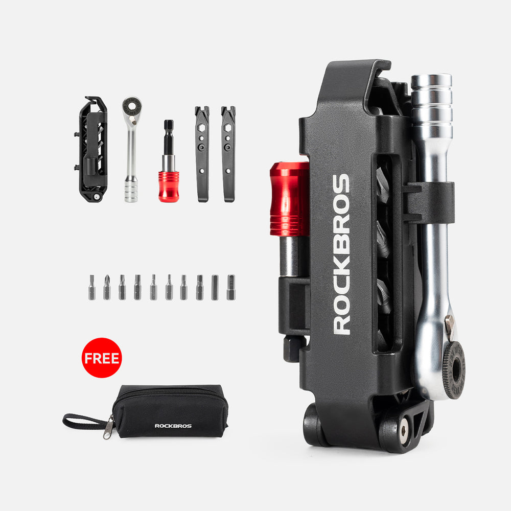 Rockbros Multitool Cykelværktøjssæt med ratchetnøgle og dækhefter - sort