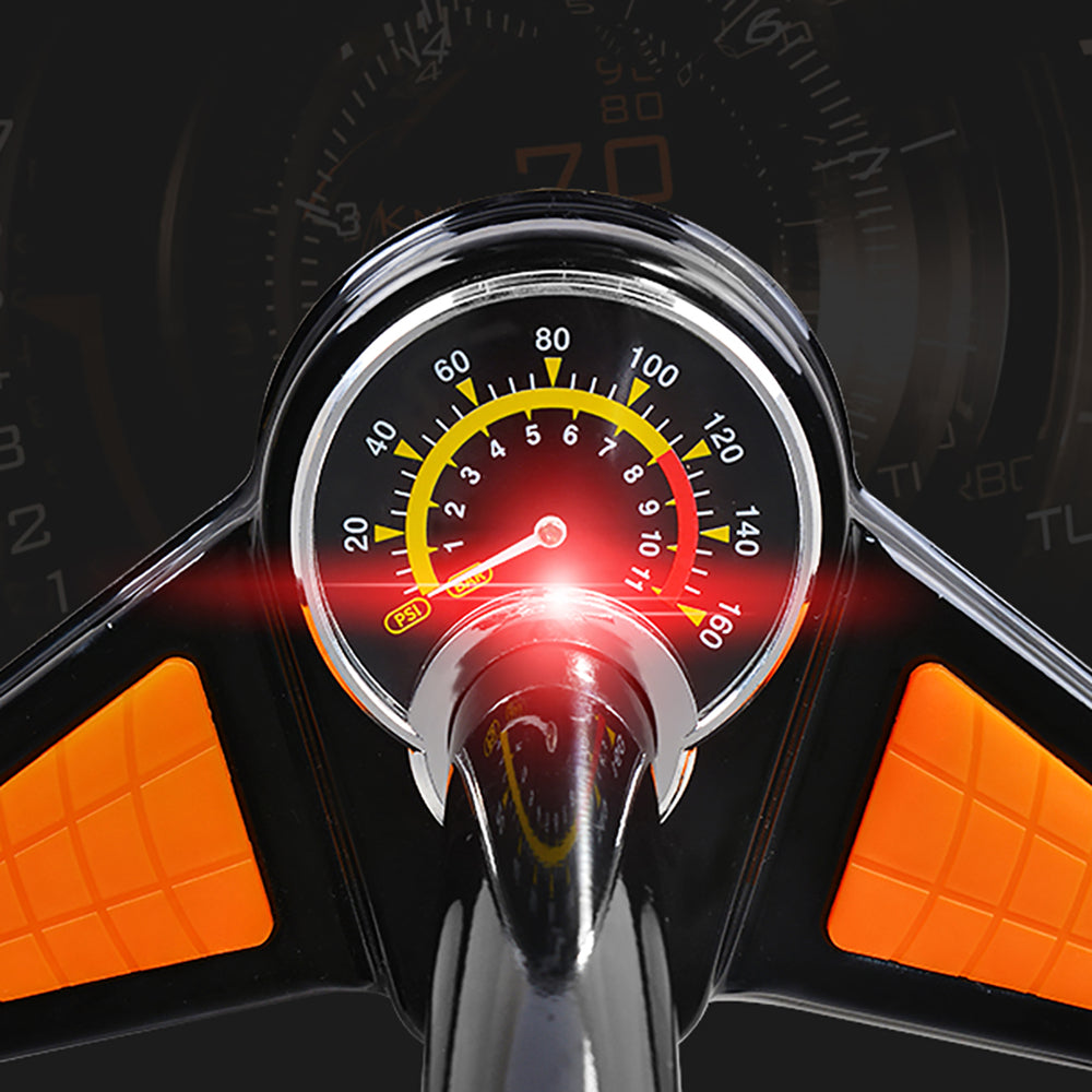 Rockbros GP6532B gulvpumpe med trykmåler - sort og orange