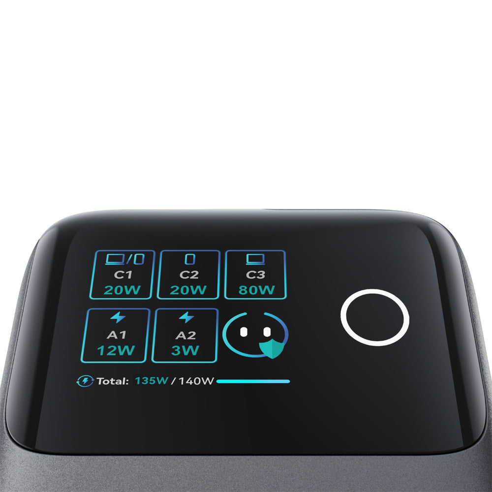 Joyroom Podix JR-TRD01 GaN 140W Desktop Charger with 5 Ports and Dual Retractable Cables - Gray