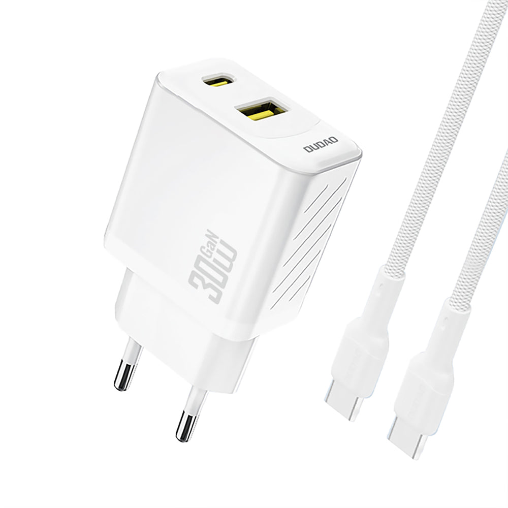 Dudao A27TCEU PD 30W GaN USB-A USB-C Wall Charger med USB-C-kabel - hvid