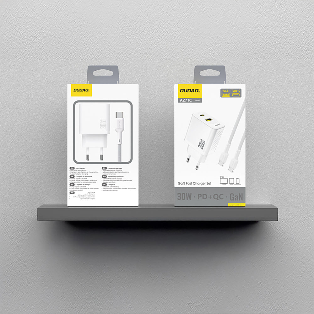 Dudao A27TCEU PD 30W GaN USB-A USB-C Wall Charger med USB-C-kabel - hvid