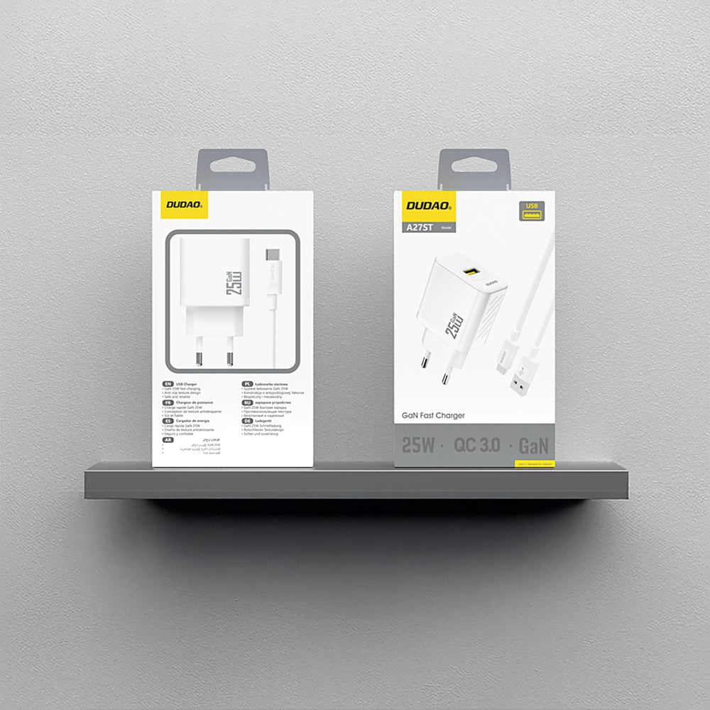 Dudao A27STEU 25W GaN USB-A Wall Charger med USB-A - USB-C-kabel - hvid